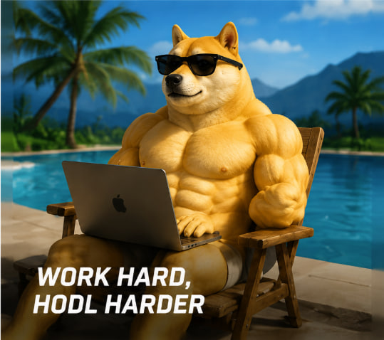 SwoleDoge working on a laptop by the pool — Work Hard, Hodl Harder