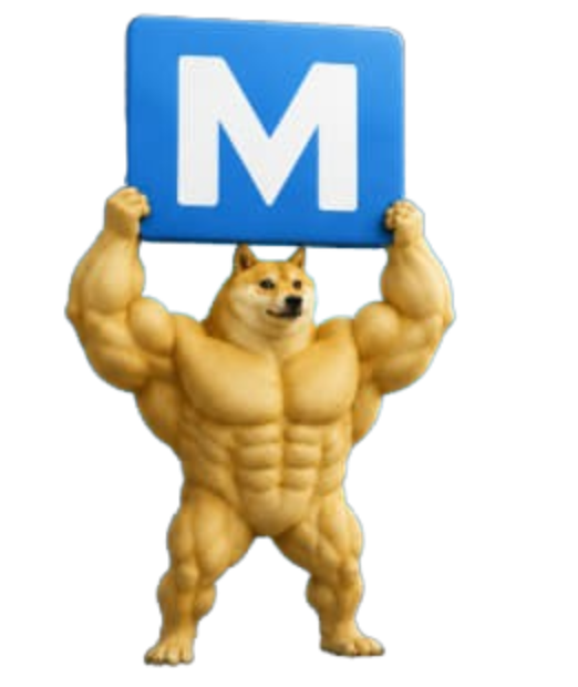 SwoleDoge mascot holding an M sign
